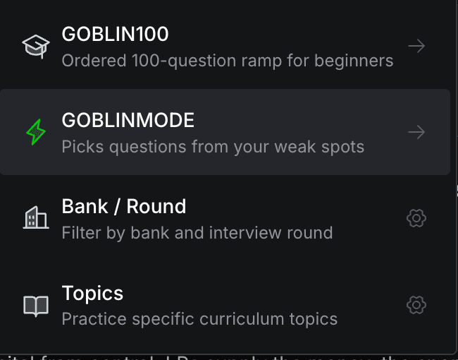 OFFERGOBLIN practice mode menu: GOBLIN100, GOBLINMODE, Bank & Round, and Topics.