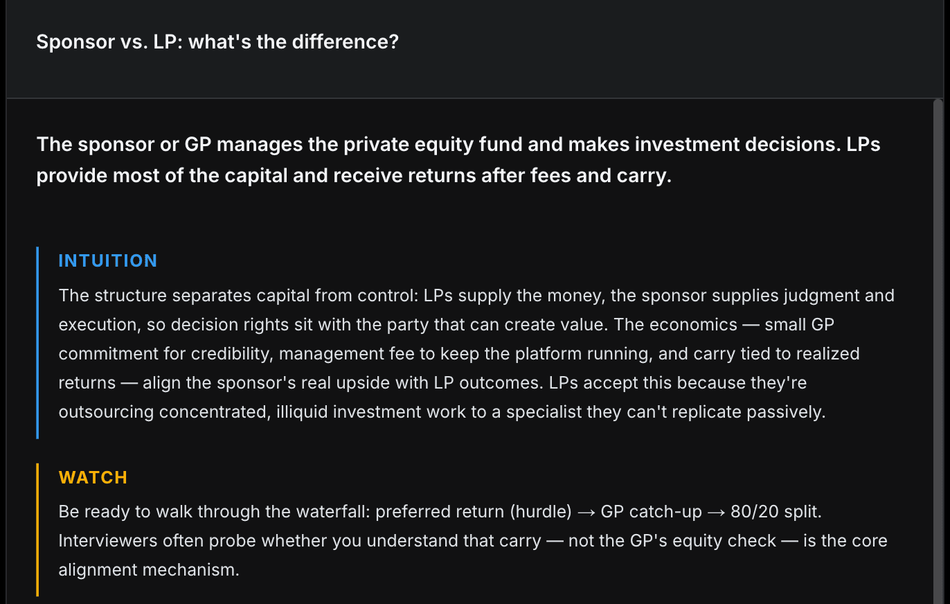 An OFFERGOBLIN practice question — Sponsor vs. LP — with its structured answer: a direct response, the intuition, and what to watch for.