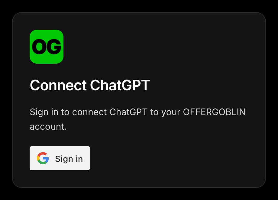 The OFFERGOBLIN sign-in page: Connect ChatGPT, with a Google sign-in button